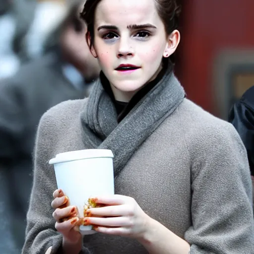 Image similar to photo of a cold emma watson holding a cup of warm milk, cozy