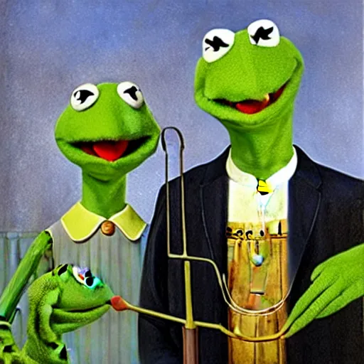 Prompt: kermit and elmo in the style of american gothic by grant wood