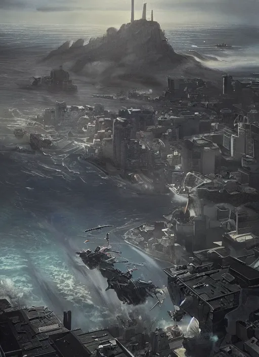 Image similar to hyper realistic squid shaped robot attacking cape town city, table mountain explosions, atmospheric beautiful details, strong composition drawn in ink by kim jung giu weta studio rutkowski, james gurney and greg rutkowski, and lucasfilm