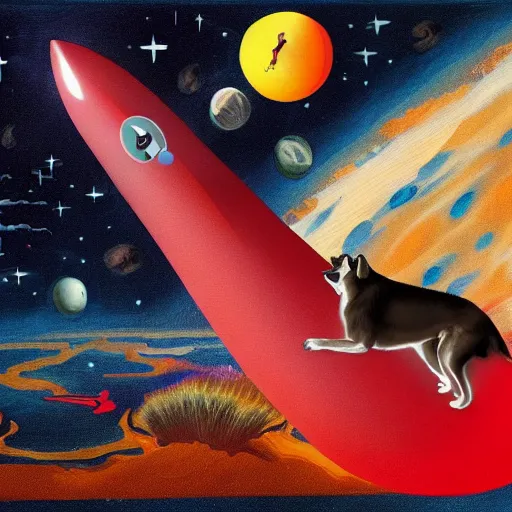 Prompt: overview of a red rocket with a evil dog in space