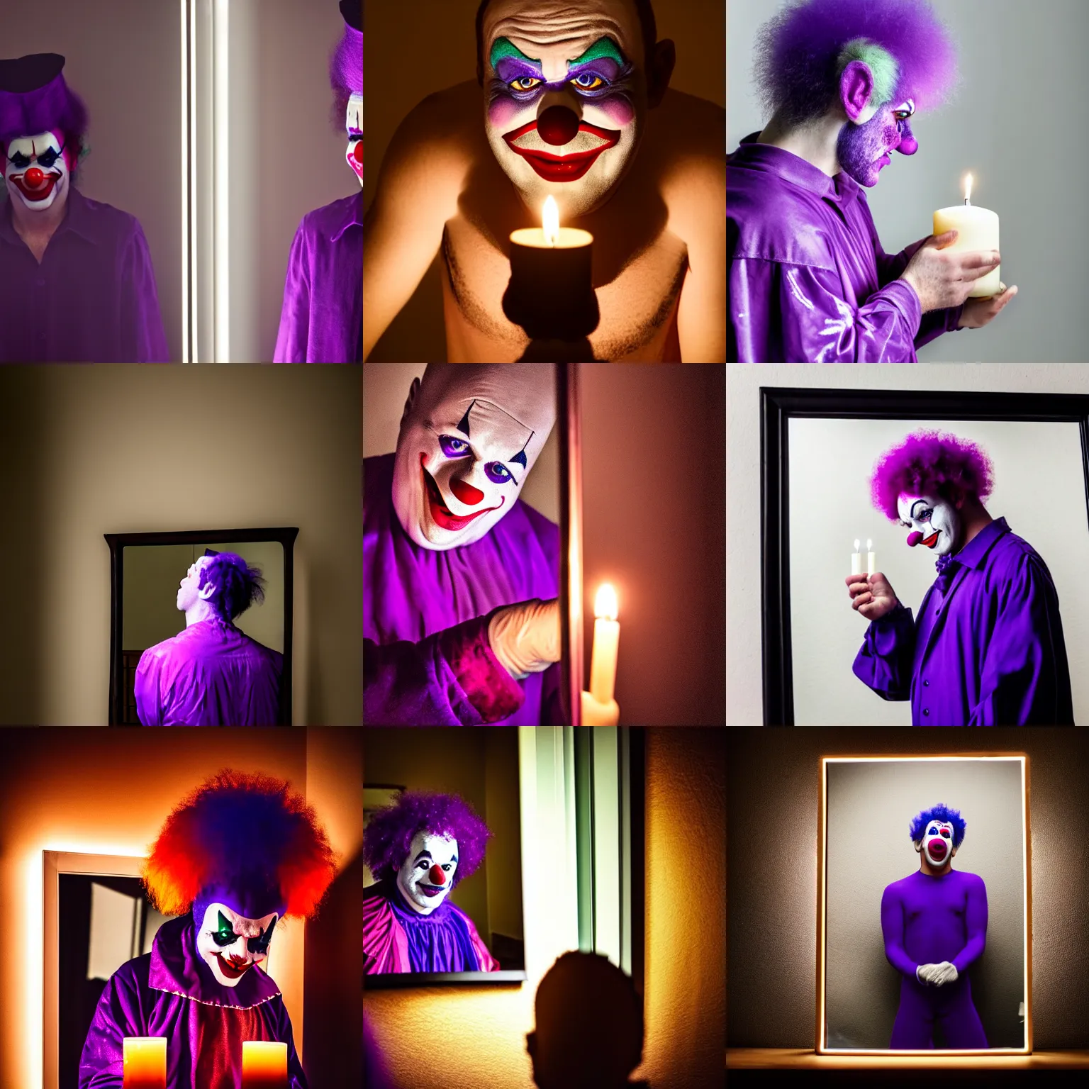 Prompt: a clown dressed in purple looking at himself in a mirror. the clown is holding a candle. dark moody natural lighting