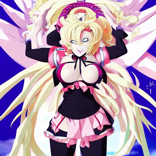 Image similar to stunningly beautiful omnipotent megalomaniacal anime goddess who looks like junko enoshima, symmetrical perfect face smiling in a twisted, mischievous, devious and haughty way while looking down upon the viewer and taking control, mid view from below her feet, hyperdetailed, 2 d, 8 k