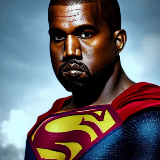 Prompt: Portrait of Kanye West as superman, heroic, amazing splashscreen artwork, splash art, head slightly tilted, natural light, elegant, intricate, fantasy, atmospheric lighting, cinematic, matte painting, detailed face, by Greg rutkowski