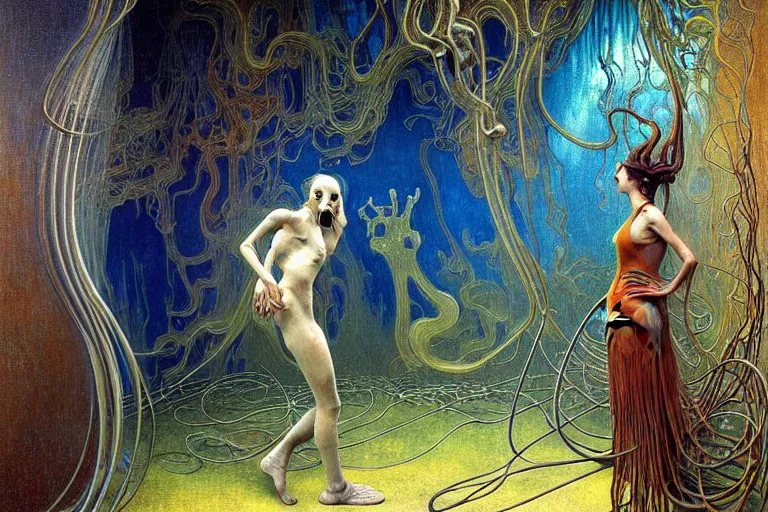 Image similar to realistic extremely detailed portrait painting of a bizarre creature sitting in the corner of an abandoned house, futuristic sci-fi landscape on background by Jean Delville, Amano, Yves Tanguy, Alphonse Mucha, Ernst Haeckel, Edward Robert Hughes, Roger Dean, rich moody colours, blue eyes