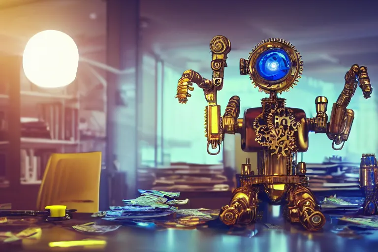 Image similar to photo of a golden and blue metal steampunk office robot with gears and tubes sitting in a modern office, on the office table is a suitcase with money bills, eyes are glowing red lightbulbs, shiny crisp finish, 3 d render, 8 k, insaneley detailed, fluorescent colors, background is multicolored lasershow