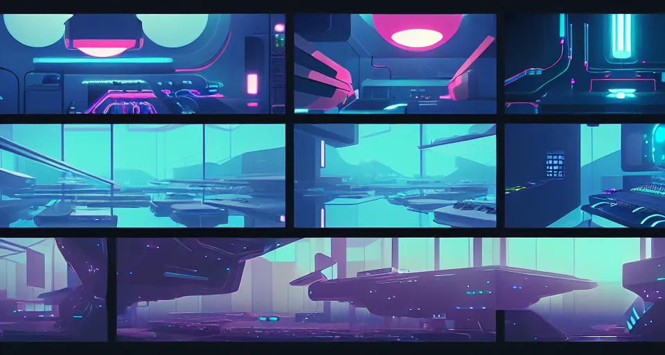 Image similar to a layout of amazing futuristic synthesizers, cinematic lighting, detailed, beautiful colors, by greg rutowski and studio ghibli