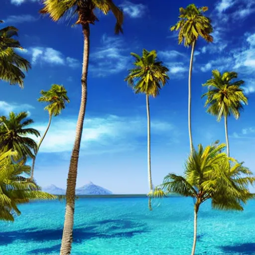 Image similar to surreal palm trees floating floating floating in blue sky, random positions floating, flying