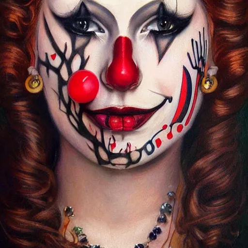 Image similar to photorealistic painting of a female tattooed clown face with a red nose, realistic eyes, symmetric face, beautiful bone structure, dark blonde long hair, painting by gaston bussiere