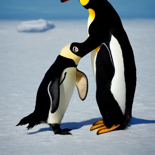 Image similar to Obama and a Penguin shaking hands, 40nm, shallow depth of field, split lighting, 4k,