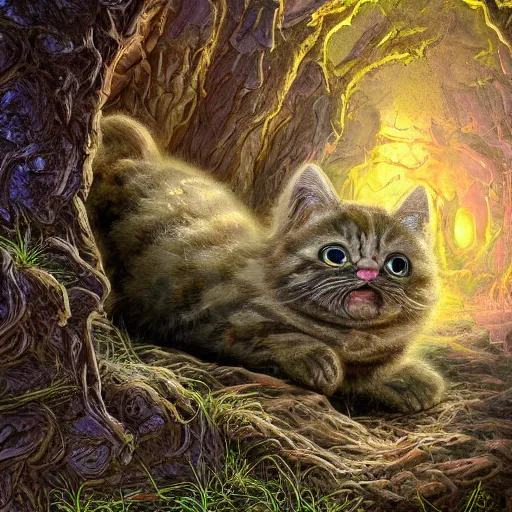 Image similar to rescue from the underworld, by tyler roswell, shadows of the past, chubby moss kitten, highly detailed, digital painting, HDRI, by jeff easley, vivid colors, high contrast, 8k resolution, intricate, photorealistic, smooth