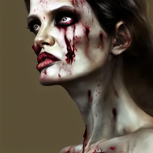 Image similar to a zombie Angelina Jolie, by WLOP, horror, wounds, bloody, dark fantasy, trending on artstation