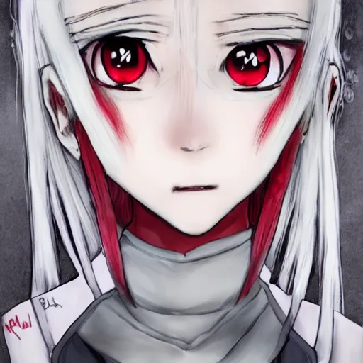 Image similar to white hair, red eyes, two little horns on the head, anime style, anime girl, sketch