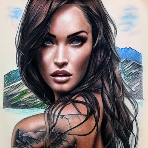 Prompt: realism tattoo sketch of double exposure megan fox with beautiful mountain scenery, in the style of andrey lukovnikov