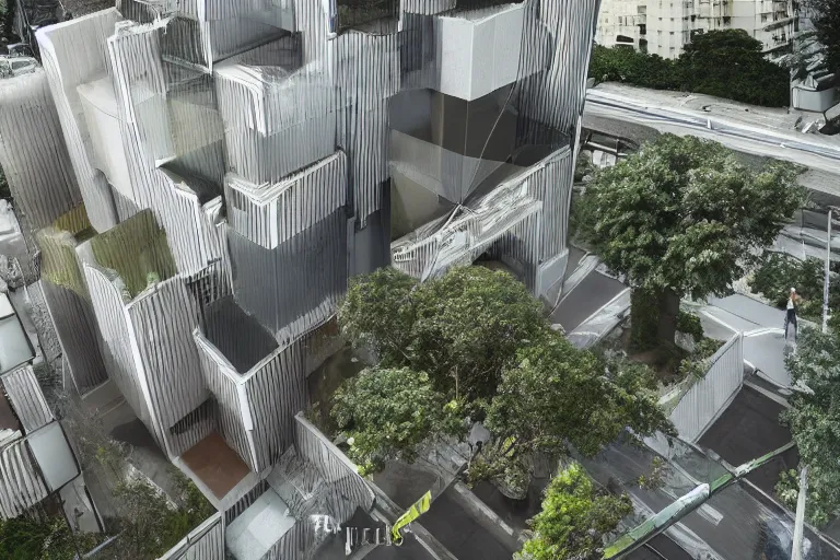 Prompt: a beautiful 3 d cutting edge modern style japanese office architectural planning photos, lightsome space, landscaping sight of residential district floor built on stilts, sunken square, bridge, aerial view, marble and wood and glass, ultra wide shot, by normal foster + tadao and, victo ngai, willem claesz heda