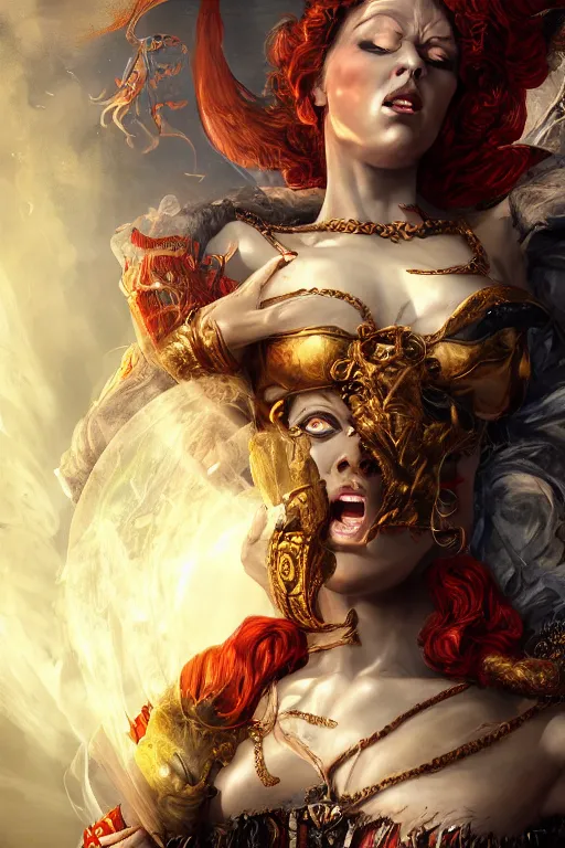 Prompt: fantasy character concept portrait, digital painting, wallpaper of the queen of hearts with skin of obsidian, with veins of magma and gold, renaissance nimbus overhead, by aleksi briclot, by laura zalenga, by alexander holllow fedosav, 8 k dop dof hdr, vibrant