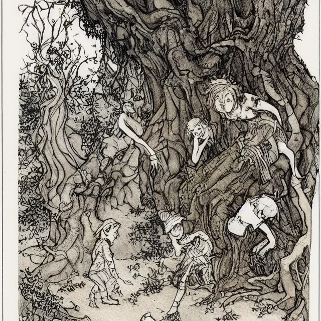 Image similar to a detailed, intricate watercolor and ink portrait illustration with fine lines, of goblins and fairies playing hopscotch on the mossy ground reading under a gnarled tree, by arthur rackham and edmund dulac and ted nutall and mucha