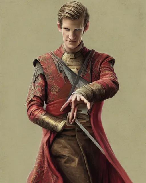 Prompt: detailed painting of matt smith with a long pale blond hair and fantasy noble red clothes, fantasy, game of thrones, targaryen, horror, ethereal, greg rutkowski, magali villeneuve and monet