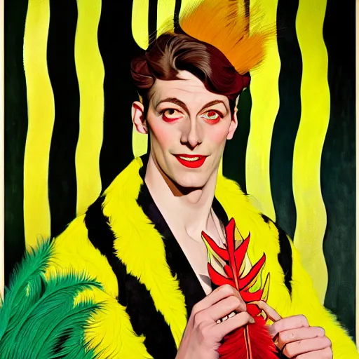 Prompt: art by joshua middleton, a medium shot portrait of the golden creeper, a tall manically smiling yellow - skinned man with green and black striped cycling shorts and wearing a long red and black striped ostrich feather boa, yellow makeup, mucha, kandinsky, poster, art deco motifs, comic art, stylised design, scarlet feather boa