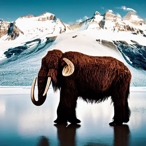 Image similar to photograph of a wooly mammoth, glacier in the background, award winning nature photography, national geographic