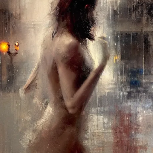 Prompt: painting of a beautiful goddess, dancing in the rain, by Jeremy Mann, detailed, stylized, loose brush strokes, intricate, realistic, exaggerated lighting, sense of scale, free, melancholy