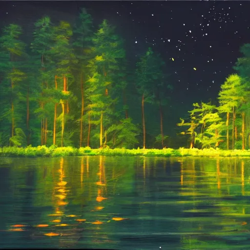 Image similar to lake, trees, night, fireflies glowing above water, painting, concept art,