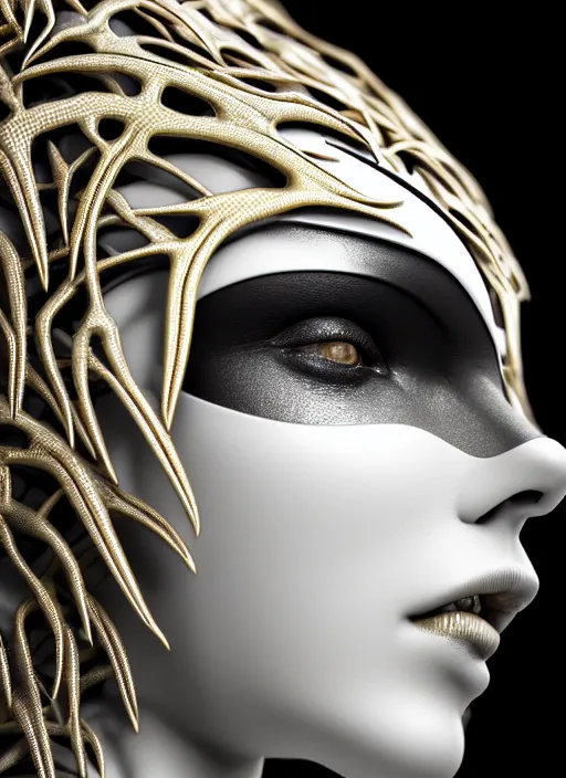 Image similar to bw contrasted close - up profile face, black background, beautiful young porcelain vegetal - dragon - cyborg - female, 1 5 0 mm, beautiful natural soft rim light, silver gold details, magnolia leaves and stems, roots, mandelbot fractal, elegant, ultra detailed, white metallic armour, octane render, h. r. giger style