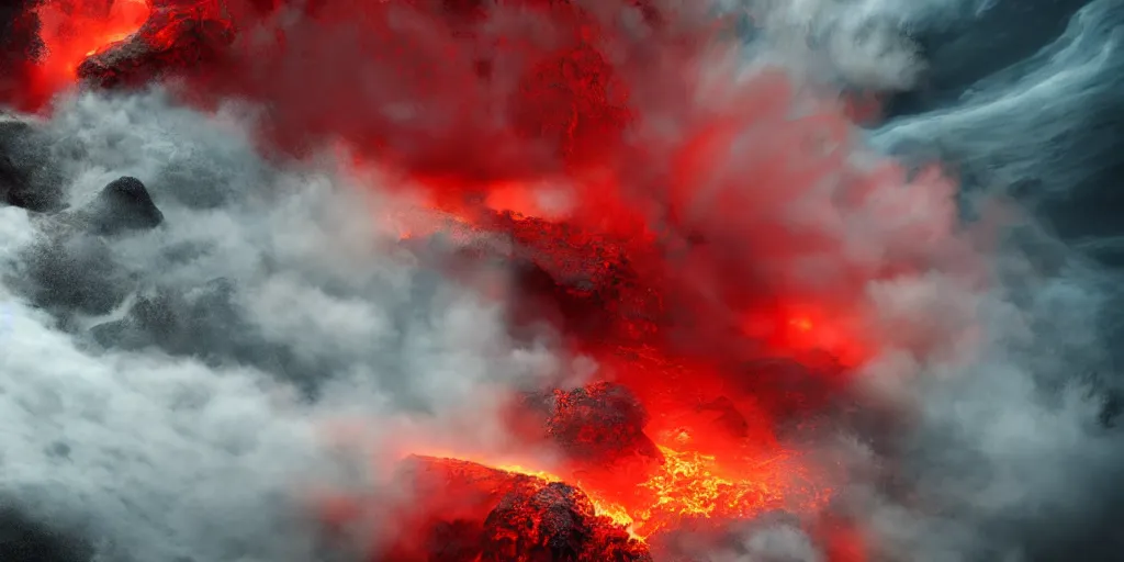 Image similar to a churning, boiling, fiery red sea with lots of smoky black and red steam, fantasy digital art, octane render, beautiful composition, trending on artstation, award-winning photograph, masterpiece