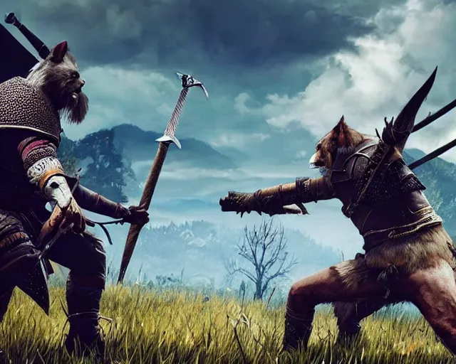 Image similar to gerald of rivia fighting with fursuit people from witcher 3 ( 2 0 1 5 videogame ), cinematic, concept art, loading screen