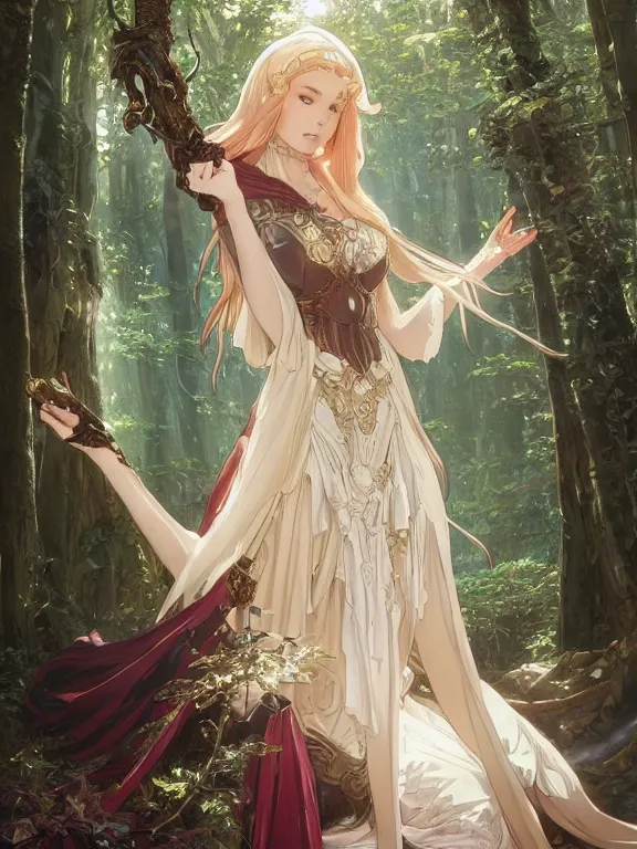 Image similar to anime key visual of amora the enchantress wearing a medieval gown!! intricate, magical forest, stunning, highly detailed, digital painting, artstation, smooth, hard focus, illustration, art by artgerm and greg rutkowski and alphonse mucha