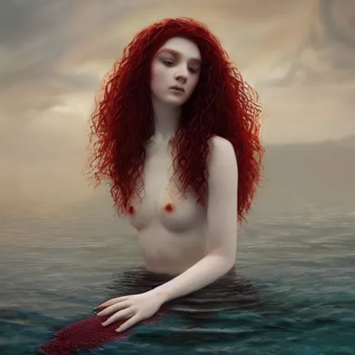 Image similar to a portrait of woman with long dark curly red hair under the water, stoic, pale skin, scales, mermaid, alone, white eyes, dramatic, epic painting, painting by wlop and nixeu, semirealism, artstation, octane render, sharpness, 8 k, golden ratio