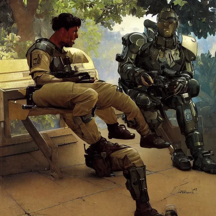 Image similar to an android soldier sits on a bench as an intense battle rages behind him, he is sad, hunched shoulders, detailed concept art by caravaggio and greg rutkowski and alphonse mucha and norman rockwell