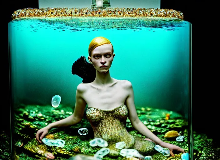 Image similar to kodak portra 4 0 0 photo portrait of a beautiful sirens floating in a crystal tank in style of tim walker, amphibian skin dress intricate detailed scales, 5 0 mm lens, f 2. 4, elegant, highly detailed, sharp focus, ethereal, out worldly colours, emotionally evoking, head in focus, soft blur light dreamy underwater, volumetric lighting, epic fantasy