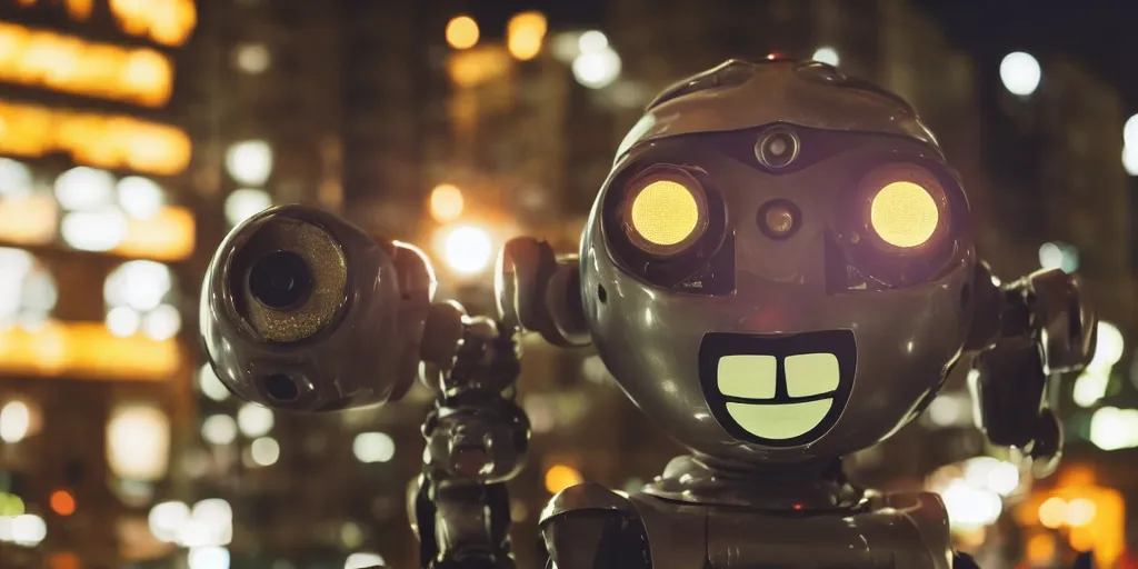 Image similar to extreme close up of a robot smiling in downtown at night, macro photography, heavy depth of field