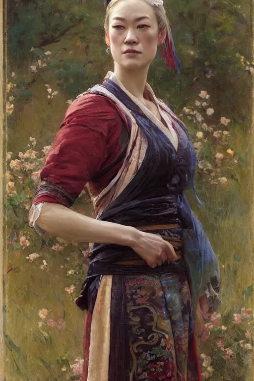 Image similar to Yvonne Strahovski by Solomon Joseph Solomon and Richard Schmid and Jeremy Lipking victorian genre painting full length portrait painting of 张国荣 in traditional costume