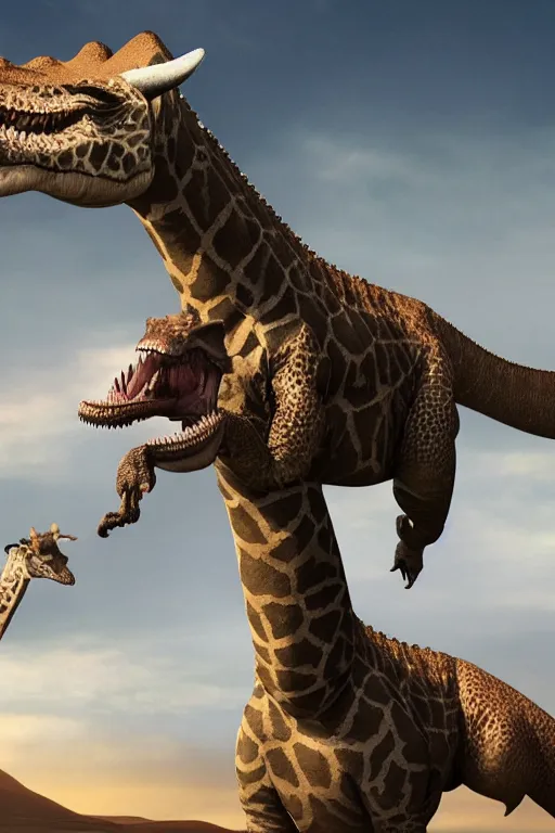 Image similar to a matte painting of a T-Rex with a head of a giraffe, the T-Rex has wings, the T-Rex has a little child, very detailed, 8k