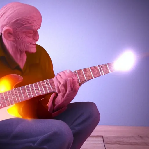 Image similar to Claymation art of a old man playing guitar, 100mm, candle lightning, industrial colours, extremely detailed, 4K