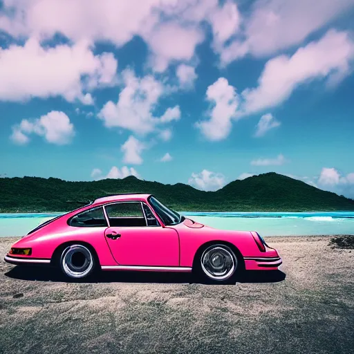 Image similar to porsche on the tropical island, professional photography, vaporwave