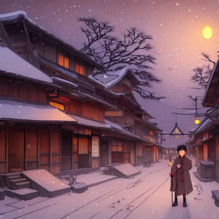 Image similar to empty rural japanese town at night, winter, in the style of studio ghibli, j. c. leyendecker, greg rutkowski, artem