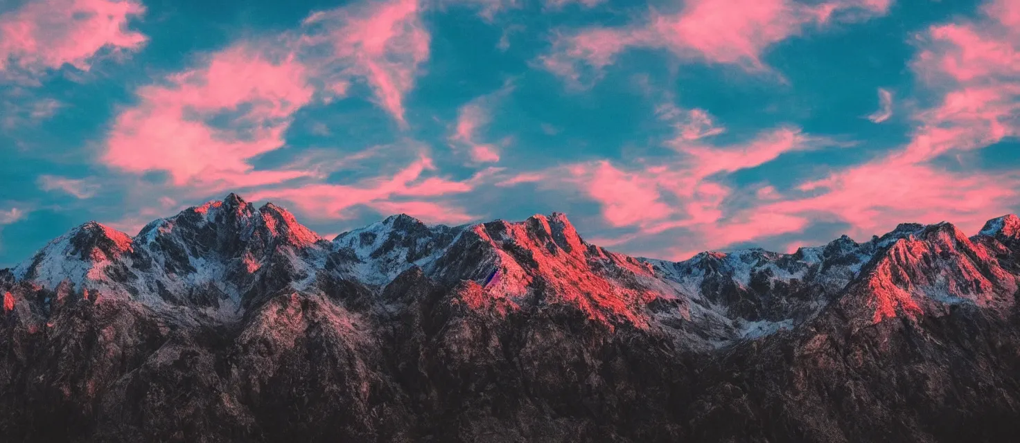 Image similar to beautiful mountain landscape, vaporwave, sunset, professional photography