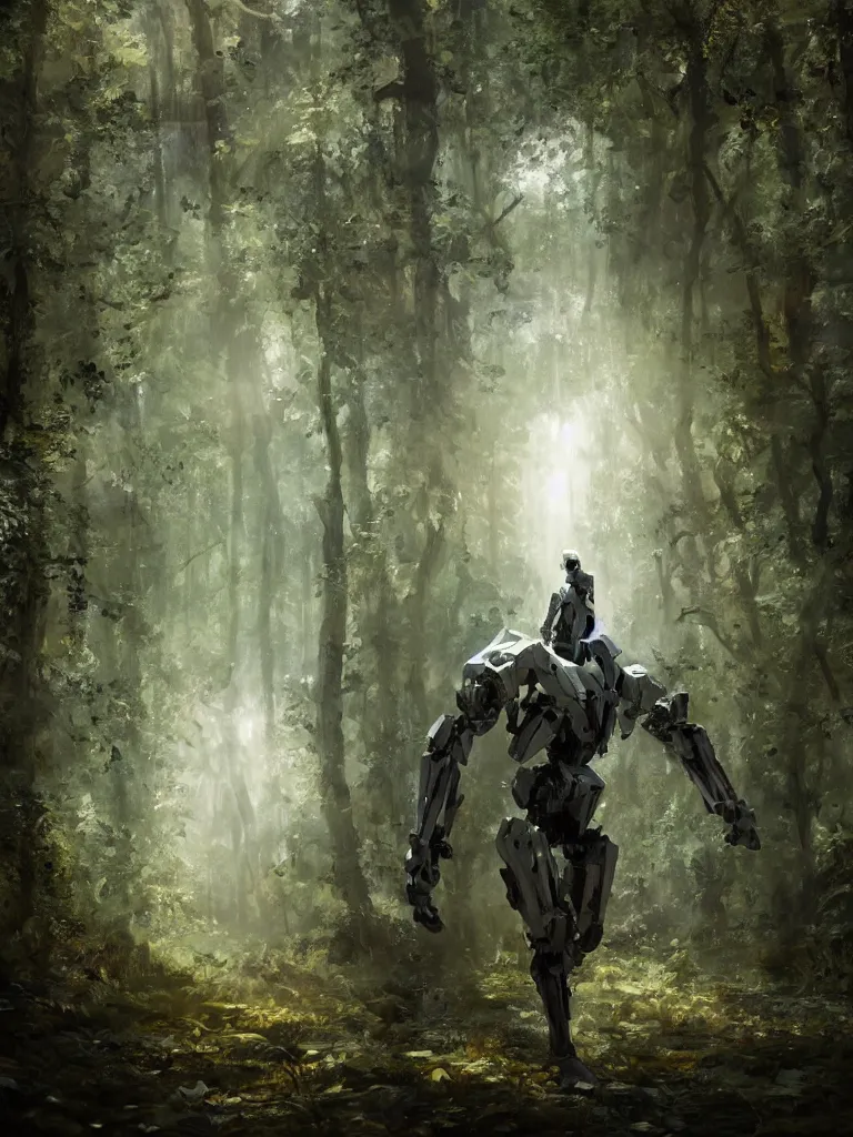 Image similar to a hyperrealistic photography of a white humanoid mech walking through a forest, natural lighting, sun through store leaves, cinematic, highly detailed, sharp focus, intricate concept art, digital painting, ambient lighting, 4k, artstation