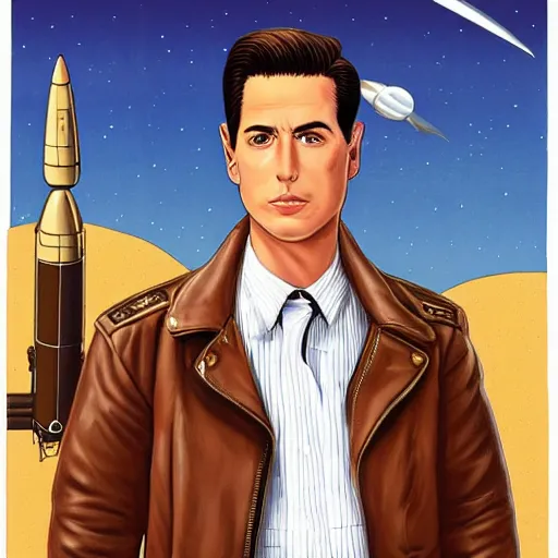 Image similar to handsome butch princely heroic square - jawed emotionless serious blonde woman aviator, with very short butch slicked - back hair, wearing brown leather jacket, standing in front of small spacecraft, illustration, science fiction, highly detailed, ron cobb, mike mignogna