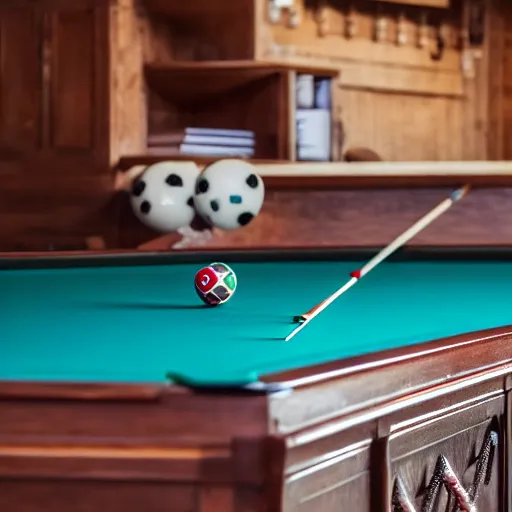 Image similar to a small sloop in which a large billiards table is placed. on the billiards table are twenty balls. focus on the billiards table with extremely high detail. the sloop is on the ocean. the weather is bad and cloudy. professional lighting.