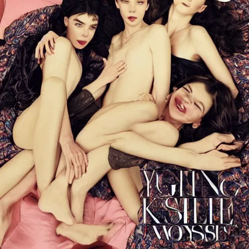 Prompt: stunning vogue magazine photo of dark - haired goddesses vanessa kirby, hailee steinfeld, and bjork smiling, legs intertwined, laying back on the bed, with wet faces!!, wet lips, smooth skin, perfect eyes, insanely detailed, elegant, by wlop, rutkowski, livia prima, mucha, wlop