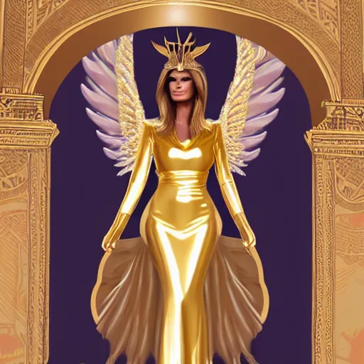 Prompt: melania trump with golden pharaoh headdress, and angel wings, elegant, angelic, trending on artstation