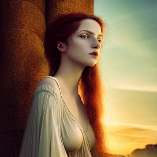 Image similar to photographic portrait of a stunningly beautiful gothic art nouveau female in soft dreamy light at sunset, contemporary fashion shoot, by edward robert hughes, annie leibovitz and steve mccurry, david lazar, jimmy nelsson, breathtaking, 8 k resolution, extremely detailed, beautiful, establishing shot, artistic, hyperrealistic, beautiful face, octane render