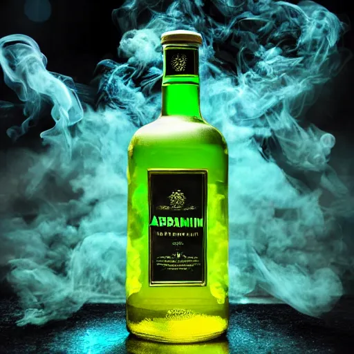 Prompt: https://s.mj.run/RjUUimhi8wU hyper-realistic photo of a green absinthe bottle surrounded by blue smoke swirling around, unreal engine, cinematic, hyper-realistic, DOF