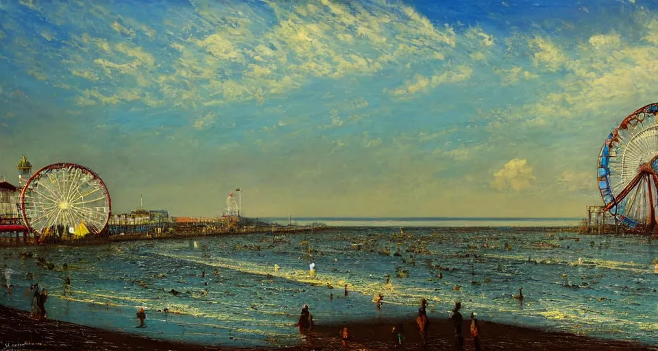 Prompt: beautiful oil painted landscape of Coney Island and wonder wheel, ocean with flowy clouds dreamy painted by Halil Ural and John Atkinson Grimshaw trending on artstation