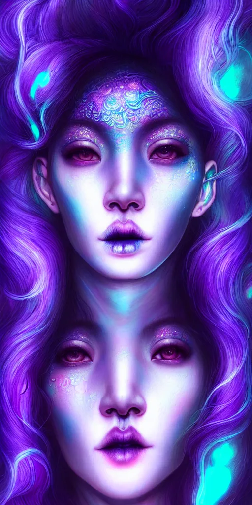 Image similar to hyperrealistic intricate close-up of beautiful moonchy woman with purple hair and pearlescent blue skin hannah yata machiej kuciara dramatic neon lighting on one side