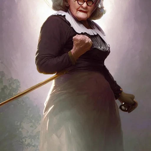 Prompt: mrs doubtfire as a witch, d & d, fantasy, intricate, elegant, highly detailed, digital painting, artstation, concept art, matte, sharp focus, illustration, art by greg rutkowski and alphonse mucha