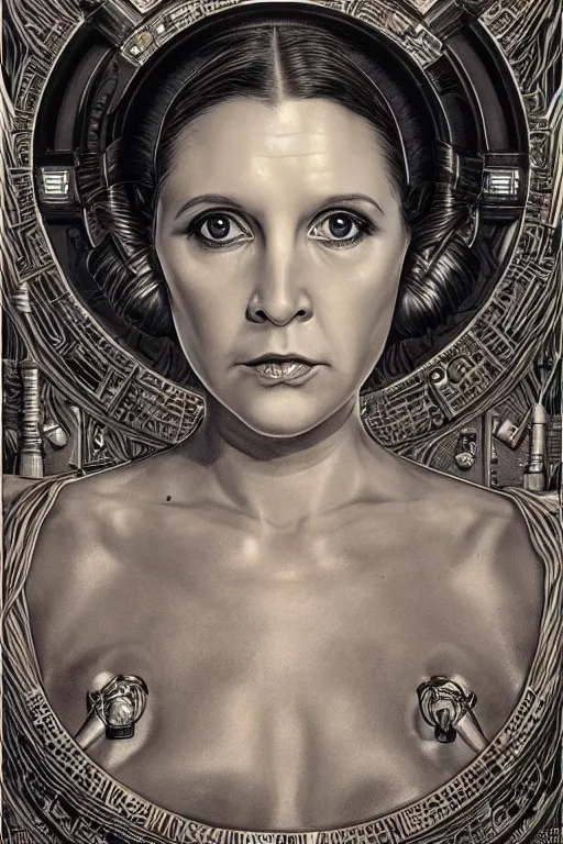 Image similar to highly detailed portrait of princess leia organa by alex grey, patrick woodroffe, mark ryden created by gustave dore and greg rutkowski, high detailed, smooth draw, synthwave neon retro, intricate, realistic proportions, dramatic lighting, trending on artstation